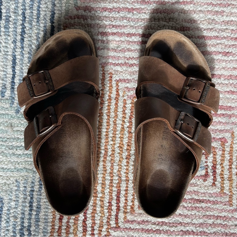 Birkenstock Arizona Two Strap Brown Leather Slide Sandals Size 39
